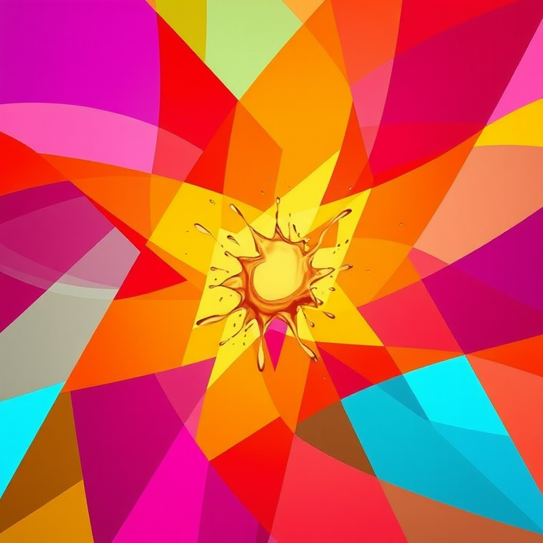 Generate an abstract image of colorful geometric shapes in vibrant red, orange, yellow, purple, and blue colors, with a central splash effect, using a Canon EOS R camera, 50mm lens, f/2.8 aperture, ISO 100, and a wide-angle view to capture intricate details and enhance image quality.