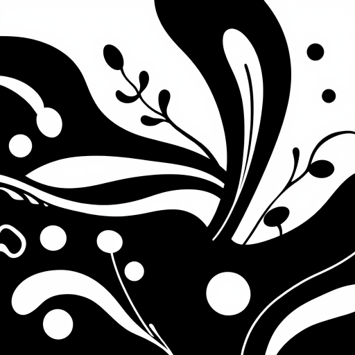 create a high-resolution digital illustration of a stylized abstract black and white composition featuring organic shapes and patterns, using a Canon EOS 5D Mark IV with a 50mm lens, aperture set to f/1.8, ISO 100, and a soft-focus background for enhanced depth and clarity.