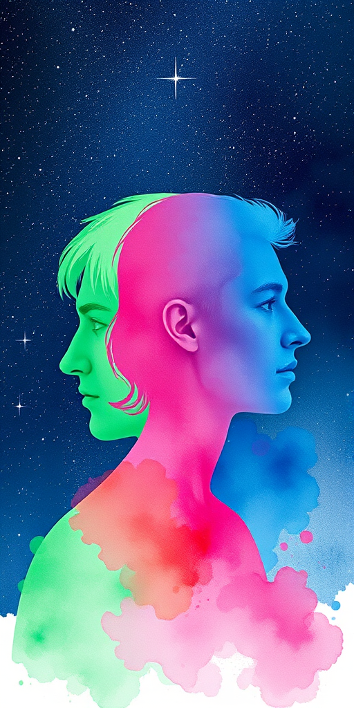 Create a vivid watercolor illustration of two overlapping human profiles in vibrant colors (green, pink, blue) against a starry cosmic background, using a 50mm lens, f/1.8 aperture, ISO 100, long exposure for enhanced light effects, captured with a full-frame DSLR.