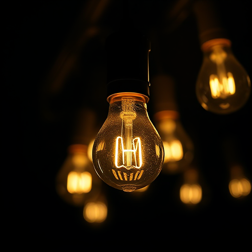 Generate a high-quality image of illuminated light bulbs, focus on one bulb in the foreground with a warm glow, use a macro lens at f/2.8, 1/60 sec exposure, ISO 100, shot from a low angle to highlight reflections, with a dark background for contrast.