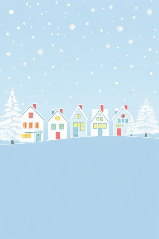 Create a winter scene with a light blue background featuring falling snowflakes. Include a row of white, cozy houses with windows and chimneys, alongside white evergreen trees. The ground should be gently sloping and covered with snow, creating a peaceful and festive atmosphere.