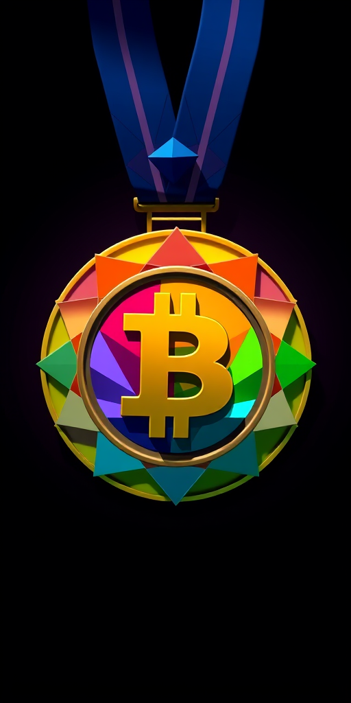 Create a vibrant digital illustration of a medal with a stylized "B" in the center, surrounded by colorful geometric shapes, captured with a DSLR camera at f/2.8, ISO 100, 50mm lens, using a top-down view and soft natural lighting for enhanced detail and clarity.