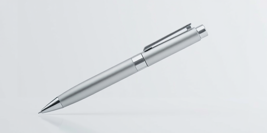 create a sleek silver pen angled slightly to showcase its design and clip against a minimalist background