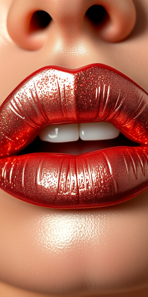 Shimmering rose gold lips glisten with metallic sheen, reflecting light in a mesmerizing display of luxury and sophistication, perfect for glamorous close-up shots