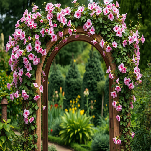 create an image of a wooden garden arch covered with pink flowers and green vines, shot with a DSLR camera at f/2.8 aperture, ISO 100, 50mm lens, natural light, with a shallow depth of field to enhance focus on the arch