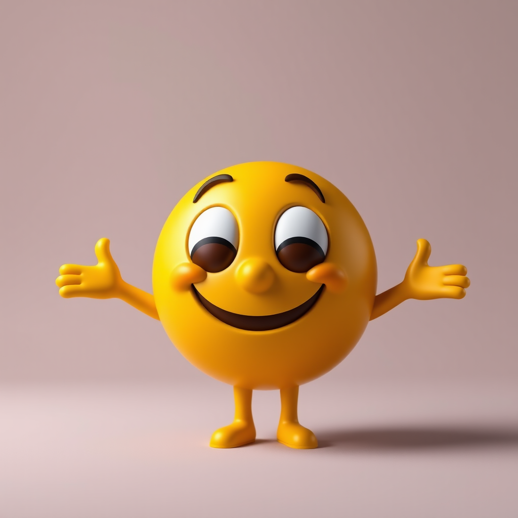 Create a high-resolution 3D render of a smiling yellow emoji with large cartoonish eyes and outstretched arms, using a Canon EOS 5D Mark IV camera, 50mm lens, f/2.8 aperture, ISO 100, and natural lighting for a soft, vibrant look.