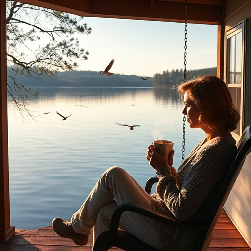 Quiet lakeside cabin, the lake's surface still as glass, reflecting the clear sky, a woman sits on the porch swing, sipping from a steaming mug as she watches the birds fly across the water.