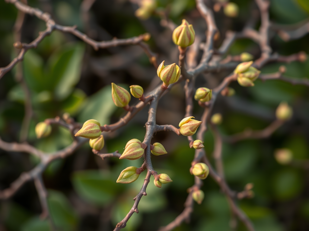 close-up of twisted vines with budding leaves, shallow depth of field, natural light, shot with a DSLR using a 50mm lens at f/2.8, ISO 200, 1/200 sec, top-down perspective, focusing on texture and detail for enhanced quality