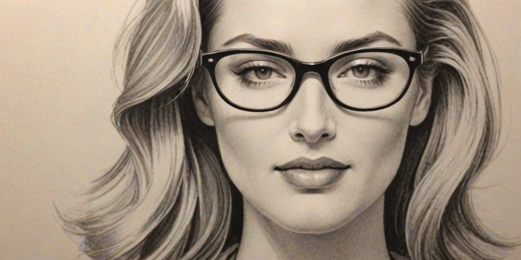 Magnificent Justin Hartley, pencil sketch, portrait of Dazzling woman 1942s in glasses, hair style beatnik, outline, clear lines, fine lines, 8k