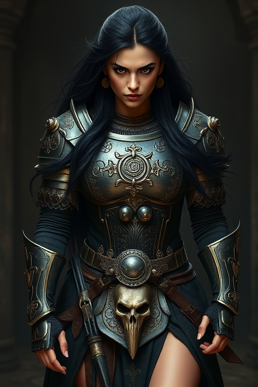 Create a photo of a fierce Metis female warrior with long black hair, wearing an ornate, metallic armor. The armor includes a breastplate with intricate designs, shoulder guards, and gauntlets. The breastplate is decorated with a central emblem, possibly representing a mythical symbol, and has a sculpted, form-fitting design. She wears a belt with a large skull ornament at the center, and her armor extends into a partial skirt, revealing one leg. The overall look is both protective and stylish, with a dark, gothic aesthetic. The background is dimly lit, suggesting a medieval or fantasy setting, enhancing the warrior's imposing presence and intense expression.