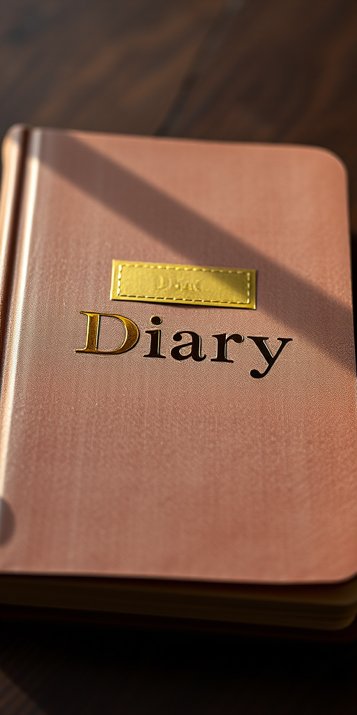 create an image of a closed diary with a gold label reading "Diary" on the cover, using a Canon EOS R5 camera, 50mm lens, f/2.8 aperture, ISO 100, shot from a 45-degree angle with soft natural lighting to enhance image quality.