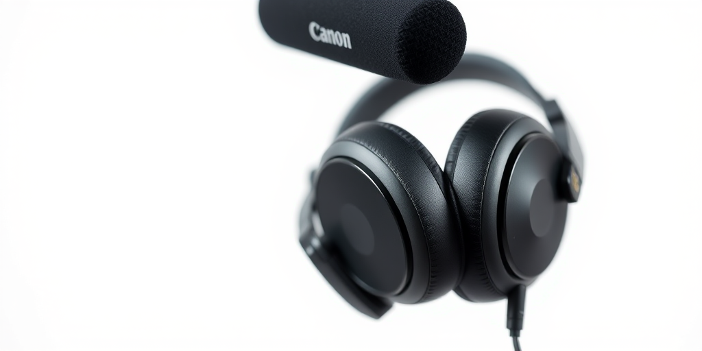 Generate a high-resolution image of a black headset with a microphone against a white background, using a Canon EOS R5 camera with a 50mm f/1.8 lens, aperture set to f/4, ISO 100, and a view from a straight-on angle to enhance clarity and detail.