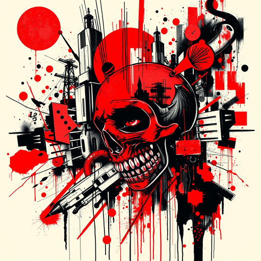 Trash polka tattoo titled "Urban Dystopia" combining bold red and black elements with photorealistic imagery abstract shapes and typographic elements creating a chaotic yet visually striking composition