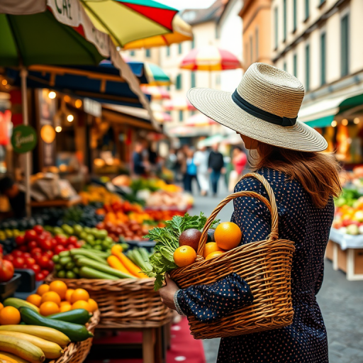 Bustling European market square, colorful umbrellas dot the stalls, a woman with a wide-brimmed hat browses fresh produce, her wicker basket already brimming with fruits and vegetables.
