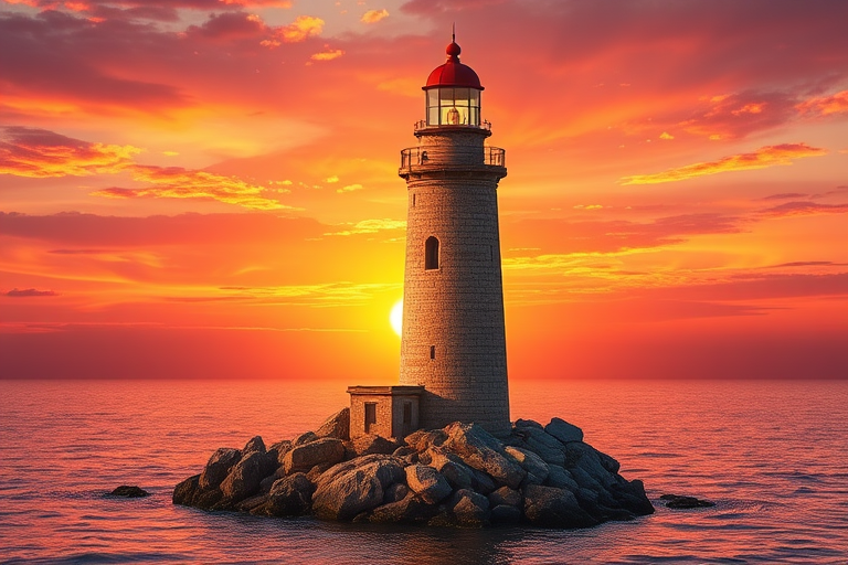 Generate an image of a tall lighthouse perched on a rocky outcrop surrounded by calm ocean waters during a breathtaking sunset. The lighthouse stands sturdy and weathered, its stone surface illuminated by the warm golden light of the setting sun. The sun's rays pass directly through the glass lantern room at the top of the lighthouse, casting a brilliant light across the scene. The sky is painted with vibrant shades of orange, pink, and purple, reflecting off the tranquil sea. The surrounding water shimmers with the same warm hues, creating a serene and majestic atmosphere.
