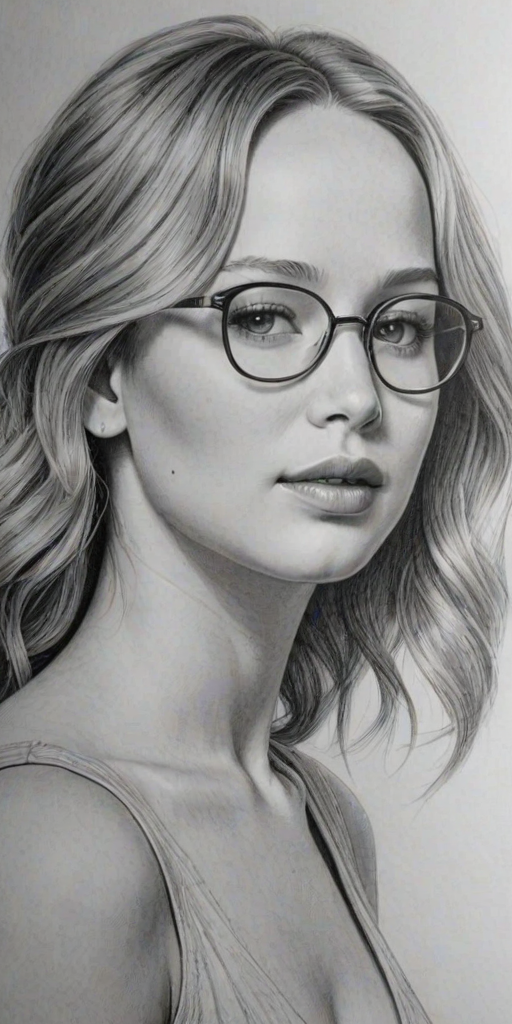 Attractive Jennifer Lawrence, pencil sketch, portrait of Enchanting woman 1941s in glasses, hair style beatnik, outline, clear lines, fine lines, 8k