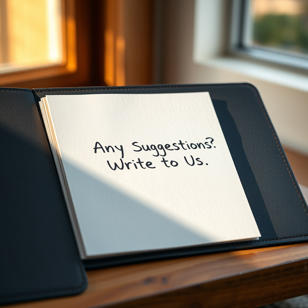 Create a high-resolution image of an open folder with a blank page inside, featuring a handwritten question "Any Suggestions? Write to Us" in a casual font, shot with a Canon EOS R5 using a 50mm f/1.2 lens at f/2.8, ISO 100, with natural light from a window, shallow depth of field for a soft background.