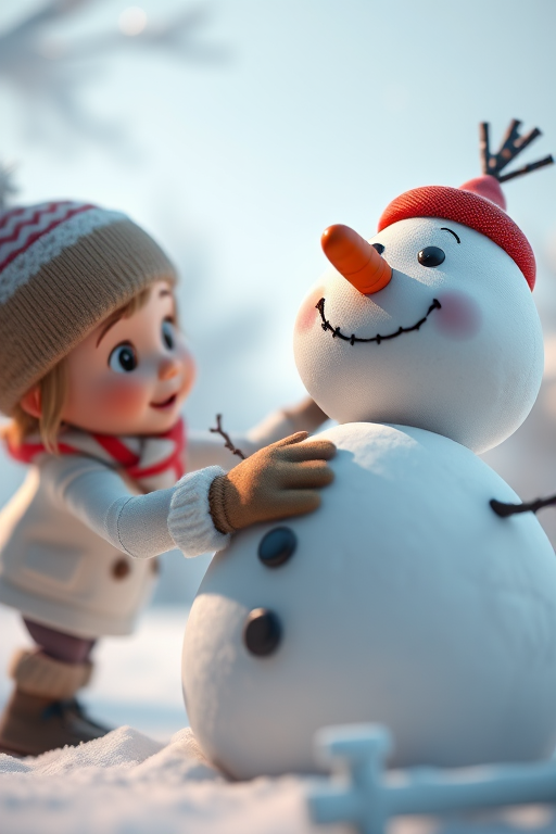 Create a 3D render of a cartoon character building a snowman with a carrot nose, snowy background, soft lighting, aperture f/2.8, ISO 100, shot from a low angle with a wide-angle lens.
