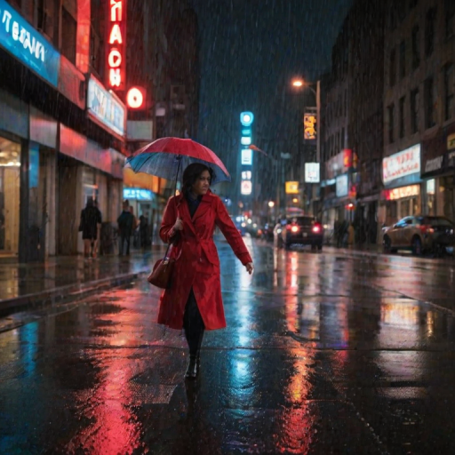 Rainy street corner at night, neon lights reflecting off the wet pavement, a woman in a red coat hurries across the street, her umbrella held tightly as passing cars splash through puddles.