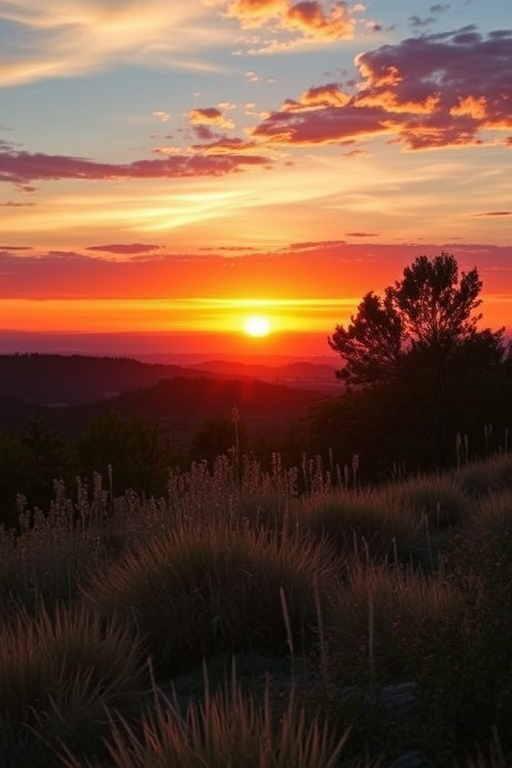 Create a vibrant sunset landscape with rich colors, captured using a DSLR camera at ISO 100, aperture f/8, shutter speed 1/200s, wide-angle lens, with a panoramic view to enhance depth and detail.