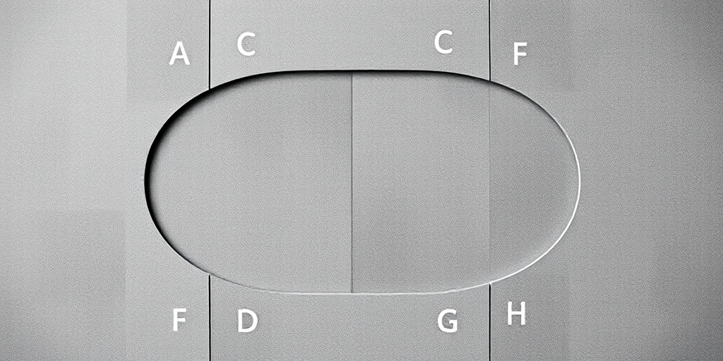 Generate a high-resolution image of a gray, abstract geometric layout featuring labeled sections A, B, C, D, E, F, G, H arranged in an oval pattern, shot with a DSLR camera at f/8 aperture, ISO 100, 1/125s shutter speed, in a flat lay style with natural lighting.