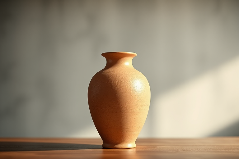 Create a high-resolution digital illustration of a classic clay vase, using a wide-angle lens at f/2.8, with a soft focus background and vibrant lighting to enhance texture and detail, rendered in a 3D style with realistic shading and subtle highlights.