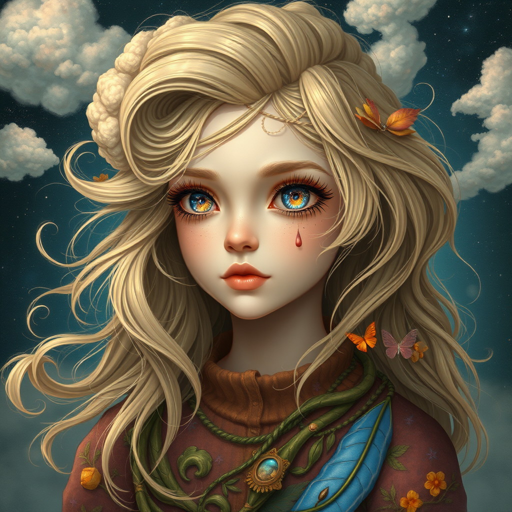 Create a series of imaginative portraits where each subject is infused with elements of fantasy and nature. The hair of the individuals should flow like clouds, varying from soft, fluffy cumulus to wispy cirrus strands, with hints of color reflecting a sunset or a clear blue sky. The eyes should be windows to entire galaxies, with stars, nebulae, and distant planets visible within them. Clothing should be adorned with nature motifs, such as floral patterns that bloom and change, vines that seem to grow and wrap around, or feathers that shimmer with iridescence. Each portrait should capture a unique personality, blending human features with the ethereal beauty of the natural and cosmic world. The backgrounds can vary, from starry night skies to enchanted forests, adding depth and context to the magical realism of the portraits