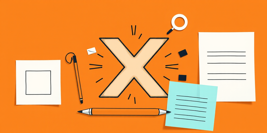 Create a digital illustration of a design theme featuring a stylized letter X, a pencil, and design elements on an orange background with a modern and clean aesthetic, using a Canon EOS 5D Mark IV with a 50mm lens, aperture set to f/1.8, ISO 100, and a soft focus technique to enhance depth and clarity.