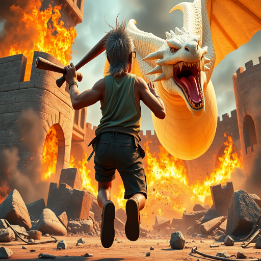 Cartoon 3D High-Resolution,dynamic battle scene using Unreal Engine 5 and Octane Render. The scene features back of an elderly, thai man with a beard,messy hair and round golden-rimmed glasses. He is wearing a tattered tank top with soot marks, shorts, and sandals. sweating. he wields a baseball bat. He jump to fight with a white fire-breathing Europe dragon amidst a partially destroyed stone castle. Include intense flames, smoke, and debris to enhance the dramatic effect.