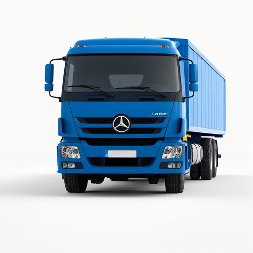 Regenerate a realistic 3D render of a blue truck from a slightly angled front view, using a high-resolution camera with settings of f/8, ISO 100, 1/125s, soft studio lighting, and a DSLR camera type to enhance image quality.