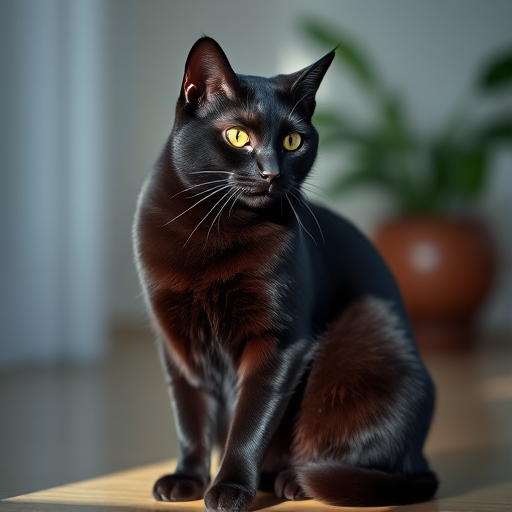 Create a high-resolution image of an elegant black cat sitting gracefully, captured with a DSLR camera at f/2.8 aperture, 50mm lens, ISO 100, and a shallow depth of field to create a soft background blur, using natural lighting to highlight the cat's features.