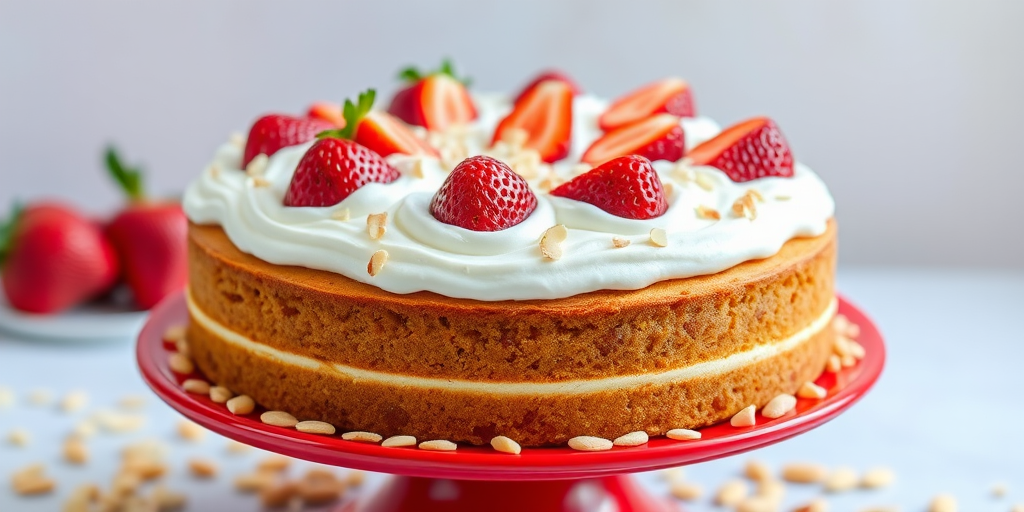 A delicious cake topped with whipped cream and fresh strawberries, surrounded by chopped almonds, presented on a red cake stand with a soft background.