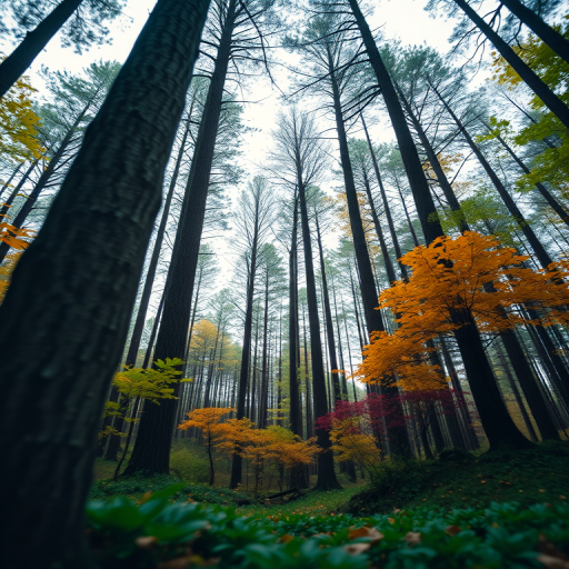 Create a high-resolution image of a whimsical forest scene, using a Canon EOS R5 camera with an aperture of f/2.8, shutter speed of 1/250 sec, ISO 200, shot from a low angle perspective to emphasize the tall trees and vibrant foliage, and use a shallow depth of field to create a dreamy background blur.