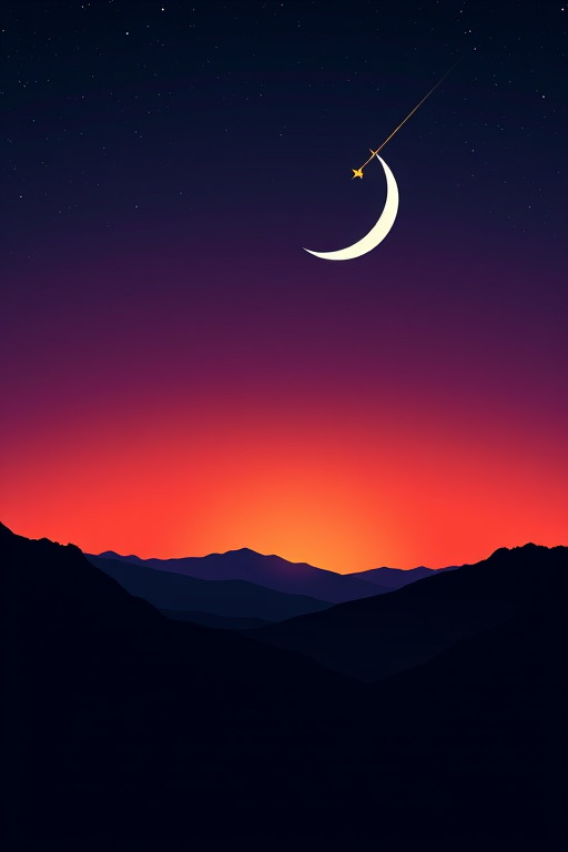 Create a digital illustration of a night sky with a crescent moon and a shooting star above a silhouette of mountains, sunset gradient background with deep purple to dark blue hues, using a DSLR camera for a high-quality finish, setting aperture to f/2.8 and ISO 800, shot from a low angle for depth.