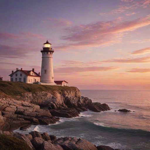 Generate an image of a tall lighthouse perched on a rocky outcrop surrounded by calm ocean waters during a breathtaking sunset. The lighthouse stands sturdy and weathered, its stone surface illuminated by the warm golden light of the setting sun. The sun's rays pass directly through the glass lantern room at the top of the lighthouse, casting a brilliant light across the scene. The sky is painted with vibrant shades of orange, pink, and purple, reflecting off the tranquil sea. The surrounding water shimmers with the same warm hues, creating a serene and majestic atmosphere.