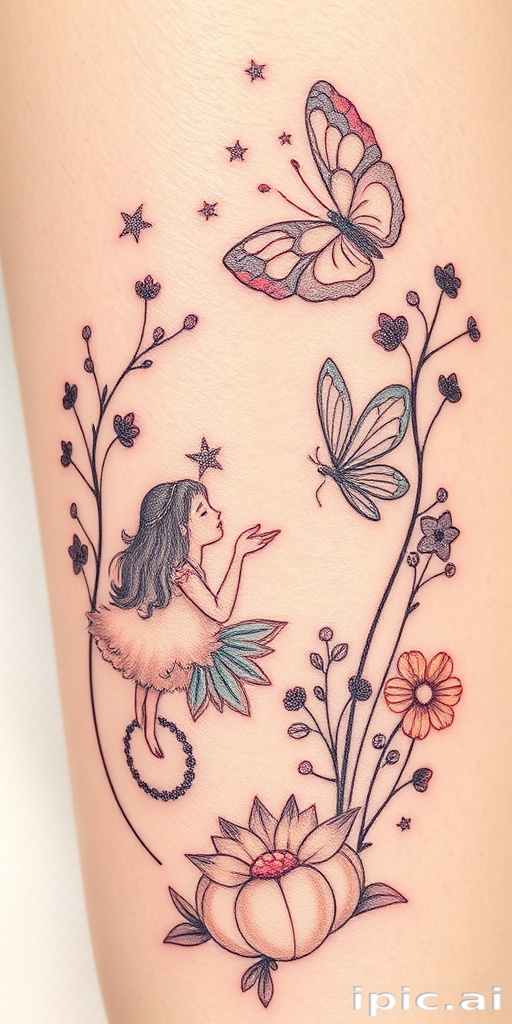 Illustrative fine line tattoo featuring a whimsical fairy tale scene, delicate linework creating depth and texture, ethereal pastel colors blending seamlessly, storybook-inspired composition