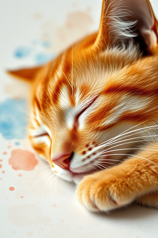 A close-up view of a sleeping orange tabby cat with artistic watercolor splashes in the background, captured using a Canon EOS R5 with a 50mm f/1.2 lens at ISO 100, aperture f/2.8, shutter speed 1/200s, natural soft lighting.