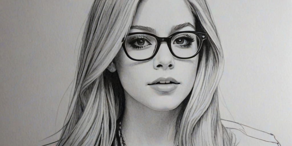 Lovely Avril Lavigne, pencil sketch, portrait of Magnificent woman 1965s in glasses, hair style beatnik, outline, clear lines, fine lines, 8k