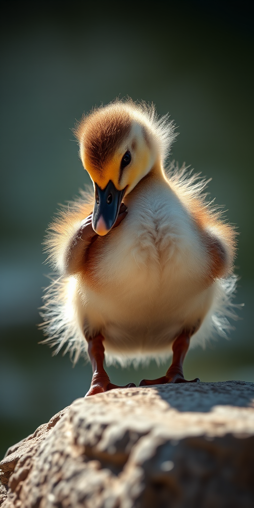 A close-up of a duckling preening itself while perched on a rock, natural sunlight illuminating its soft feathers, f/4 aperture, 1/200s shutter speed, ISO 200, captured with a DSLR camera using a 100mm macro lens from a low angle to enhance detail and depth.