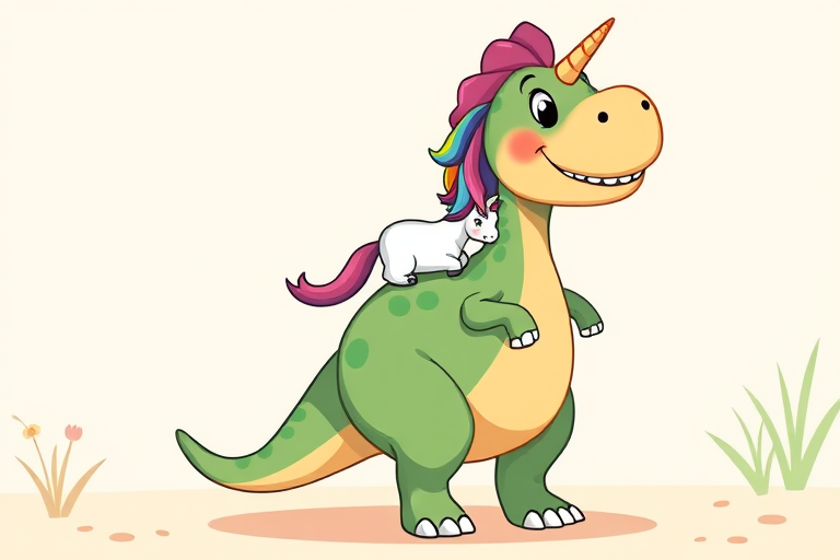 Create a vibrant illustration of a cartoon dinosaur standing upright with a playful expression, featuring a tiny unicorn with a multicolored mane sitting on its back, use a high-resolution setting of 300 DPI, with a focal length of 50mm, aperture set to f/4 for a shallow depth of field, captured in soft daylight through a digital DSLR camera.
