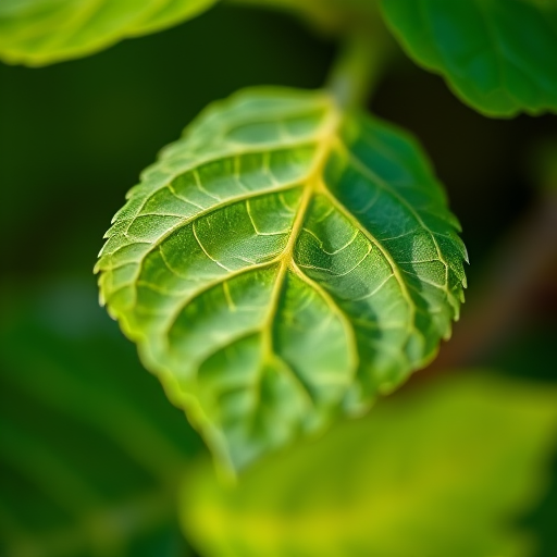 macro shot of a green ivy leaf with detailed veins, shallow depth of field, natural light, focus on leaf texture, 50mm f/2.8 lens, ISO 100, shutter speed 1/200s, DSLR camera, aperture priority mode