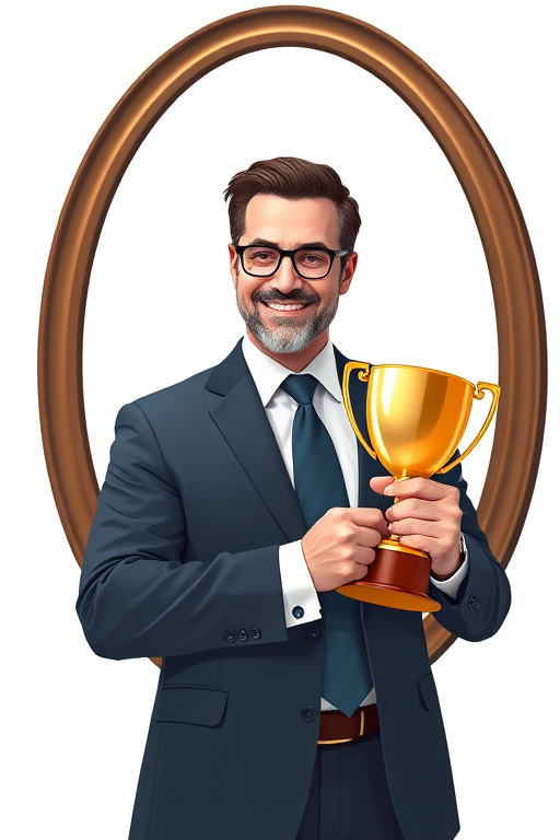Create a digital illustration of a businessman in a suit holding a trophy while looking into a mirror, with a clean white background, shot with a high-resolution digital camera at f/8 aperture, 24mm lens, and a 1/125s shutter speed for sharp details and vibrant colors.