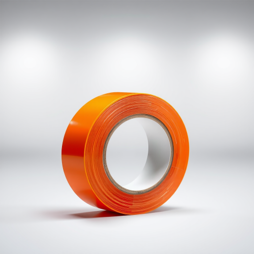 Create a high-resolution illustration of a roll of orange adhesive tape with a glossy finish, shot with a DSLR camera at f/4 aperture, 50mm lens, ISO 100, in a well-lit studio setting with soft lighting to enhance texture and color.