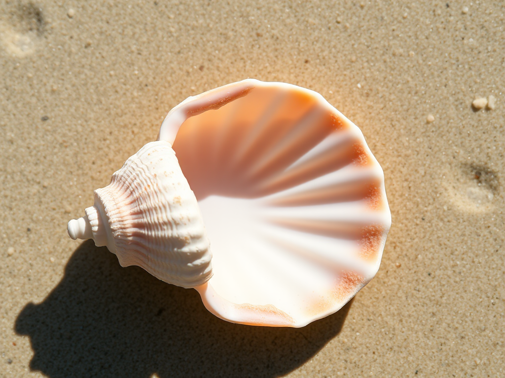 Capture a high-resolution image of a seashell with a macro lens at f/2.8, 1/125 sec, ISO 100, natural sunlight, top-down view, on a neutral background, using a DSLR camera.