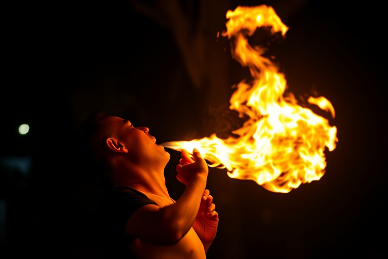 A fire performer breathing flames at night, dramatic lighting, shallow depth of field, ISO 400, f/2.8, shutter speed 1/250s, shot with a DSLR camera from a low angle to capture the intensity of the flames and the performer.
