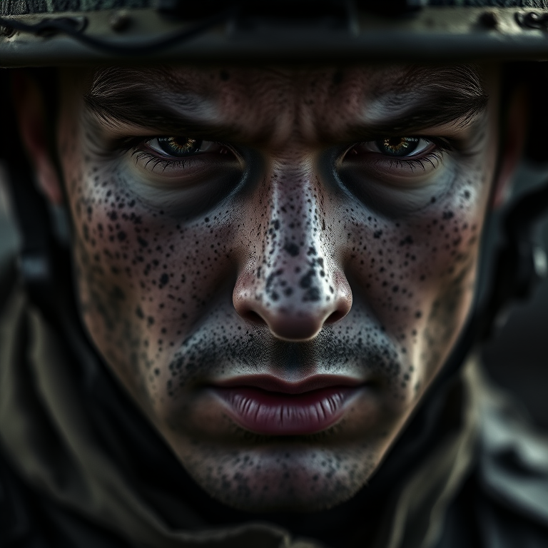 Close-up portrait of a soldier with dirt on the face, intense expression, dramatic lighting, shallow depth of field, 50mm lens, f/1.8 aperture, ISO 200, natural light, monochrome, high contrast, cinematic style, DSLR camera.