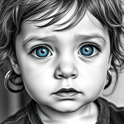 A hyperdetailed photorealistic black and white sketch of a beautiful toddler with deep blue eyes, with a macro focus