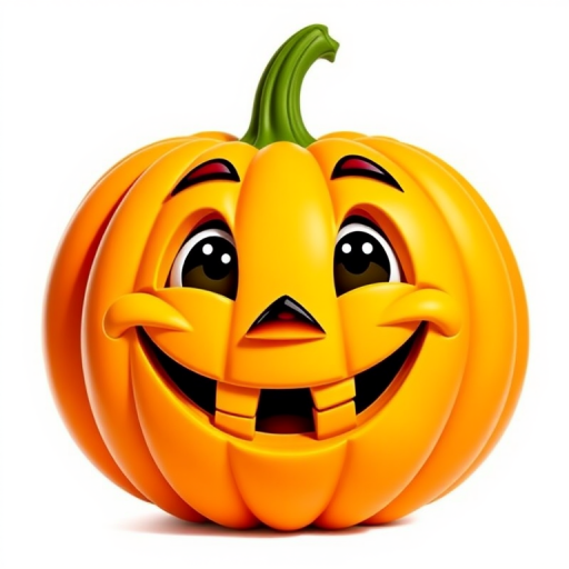 A vibrant cartoon-style smiling pumpkin with exaggerated facial features, set against a bright white background, captured with a DSLR camera at f/4.0 aperture, ISO 100, 50mm lens, in natural light, emphasizing sharp details and vivid colors.