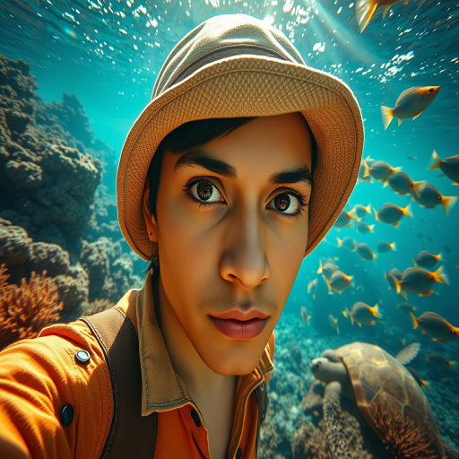 Realistic selfie image of a Hispanic, wearing a vintage outfit, detailed dreamy eyes, droopy hooded eyes, staring at the camera, taken underwater at coral reef with a sunbeam filtering through the water, vibrant, summer vacation, natural lighting, turtle and school of tropical fish with vibrant colors, rendered in the style of CryEngine, Pegi Nicol MacLeod, with realistic genre scenes, hauntingly beautiful narratives, ultra-realism, and Thomas Saliot's close-up technique, 8K resolution, crystal clear and sparkling water.