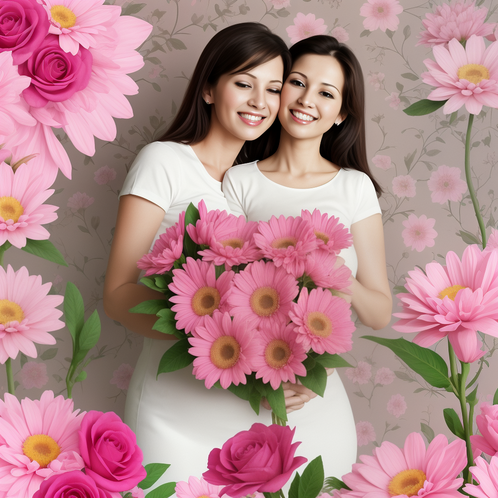 Two Joyful Friends Embracing Nature's Beauty with a Vibrant Flower Bouquet